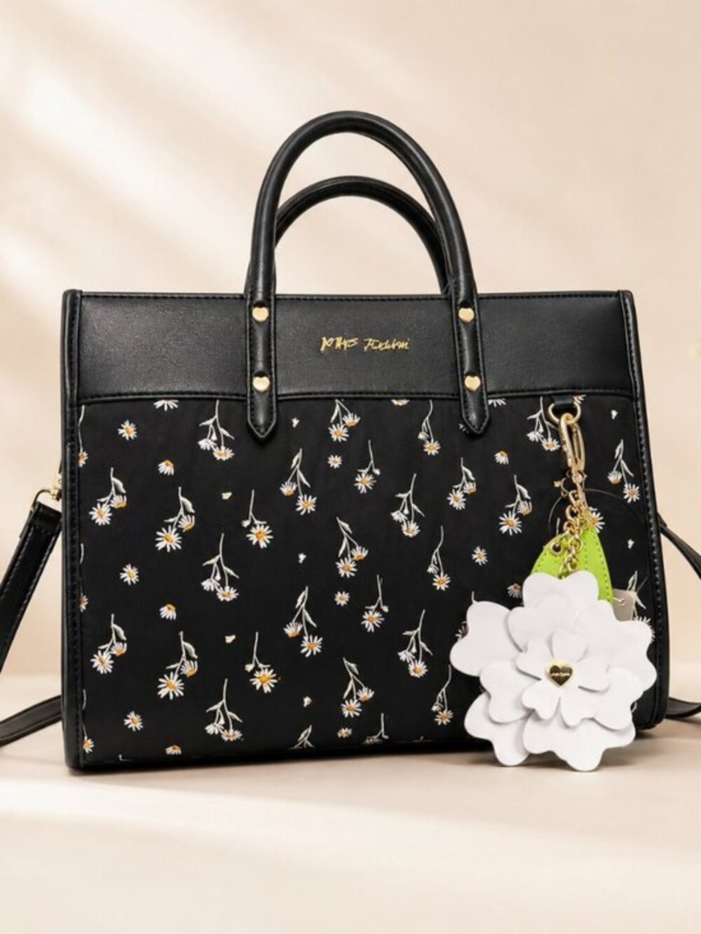 Betsey Johnson Black Floral Embroidered Tote Crossbody Flower Charm NWT